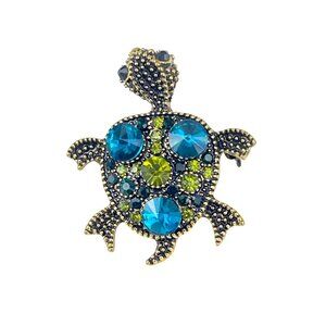 Vintage Turtle Brooch With Blue & Green Rhinestones